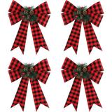 Christmas Plaid Bows Large Christmas Bows with Tie Black and Red Bows with Red Berry and Pine Cone Buffalo Plaid Bow Christmas Tree Decorations Bows for Xmas Wreath Garland Christmas Decoration