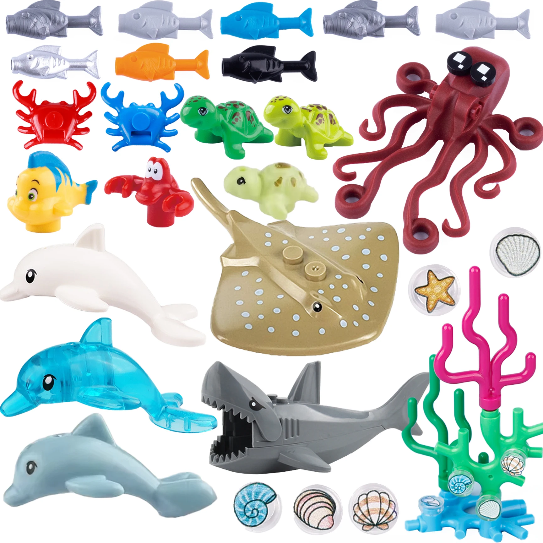 MOC Meerestiere Bausteine Meereszene Hai Oktopus Mantarochen Clownfisch Wal Krabbe Schildkröte Bausteine Spielzeug Kindergeschenk Image
