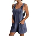 ZQGJB Sales Jumpsuits for Women Dressy 2023 Clearance Summer Plus Size Linen Short Overalls Casual Bowknot Adjustable Suspender Shorts Solid Color Rompers with Pockets #01-Navy XXXXL