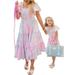 Diconna Parent-child Summer Casual A-line Dress Short Sleeve Square Neck Tie Dye Print Dress