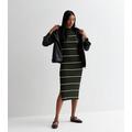 Dark Green Stripe Ribbed Split Hem Long Sleeve Midi Dress New Look