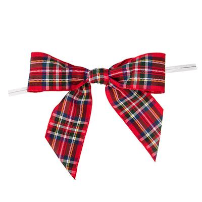 Red Plaid Printed Pre-tied Bow 3 1/2" 25 pack