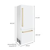 "ZLINE 30"" Autograph Edition 16.1 cu. ft. Built-in 2-Door Bottom Freezer Refrigerator with Internal Water and Ice Dispenser in White Matte with Gold Accents - Zline Kitchen and Bath RBIVZ-WM-30-G"