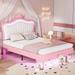 Full Size Upholstered Bed Frame with LED Lights,Modern Upholstered Princess Bed With Crown Headboard