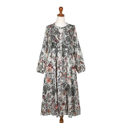 'Long-Sleeved Embroidered Cotton Shirtdress with Floral Print'