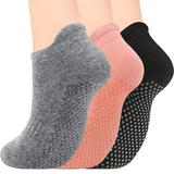 Tancuzo Non Slip Yoga Socks with Grips Ankle Athletic Short Cotton Socks Anti Skid Socks for Pilates Ballet Barre 3 Pairs