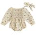 Infant Baby Girls 2Pcs Fall Outfits Off Shoulder Long Sleeve Floral Smocked Bodysuit with Headband Set