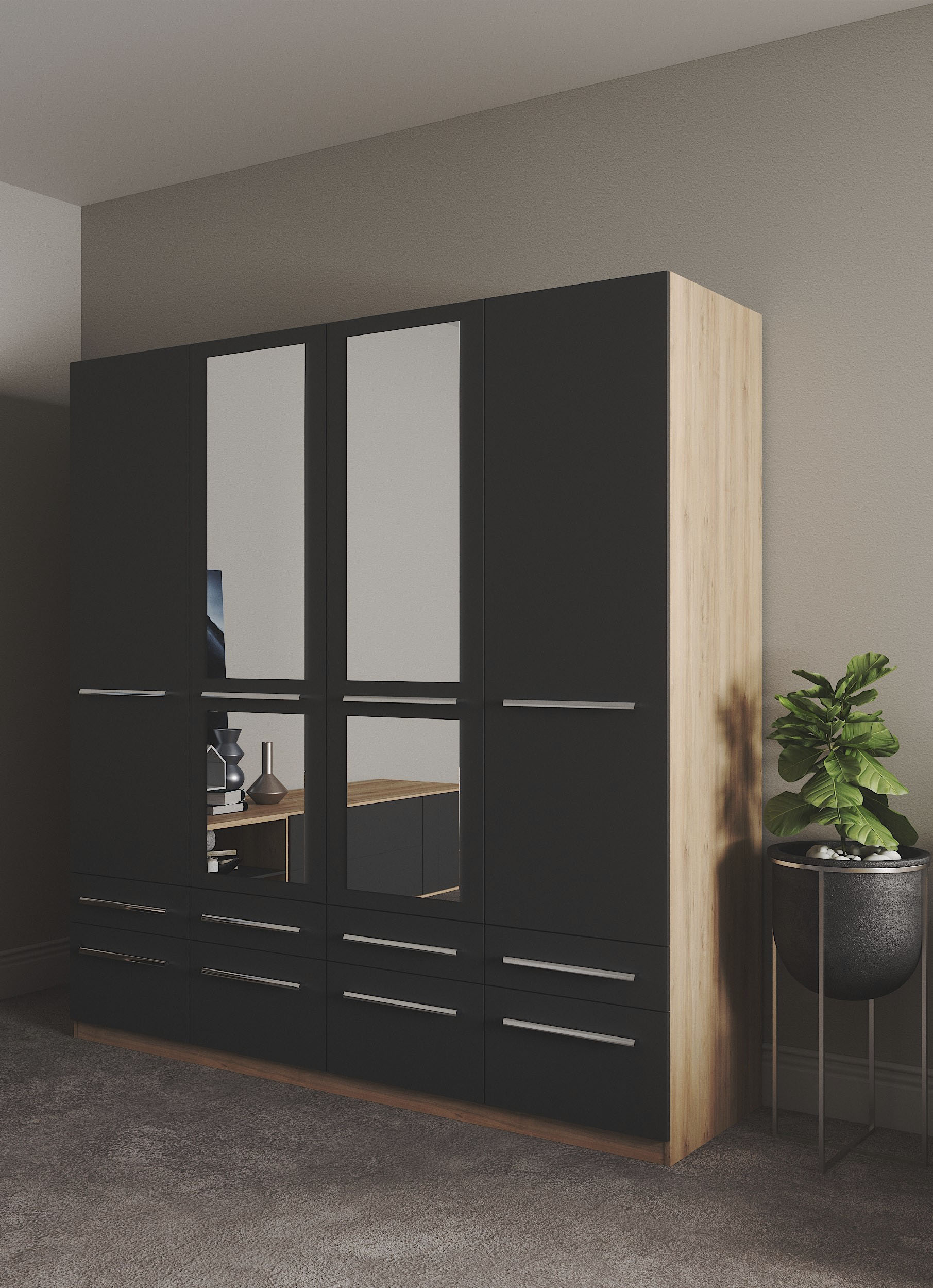 Kleiderschrank PRIESS "Schrank Garderobe Wäscheschrank Barcelona in 5 Breiten", braun (eichefarben artisan, schwarz), B:185cm H:193cm T:54cm, Holzwerkstoff, Schränke, viel Stauraum, geräumige Schubkästen, mit Spiegel, MADE IN GERMANY Image