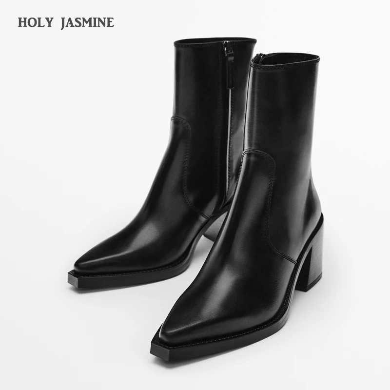 2025 New High Heels Women Short Boots Elegant Pointed Toe Office Lady Shoes Woman Genuine Leather Side Zipper Autumn Winter