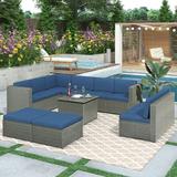 PUDO 10 Piece Patio Furniture Conversation Rattan Wicker Outdoor Lawn Furniture Covers Set Couch with Storage Box Removable BlueGrey