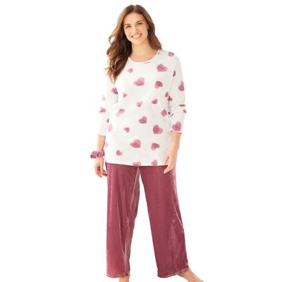 Plus Size Women's Pajama Set with Velour Scrunchie by Dreams & Co. in Purple Mauve Heart (Size 3X)