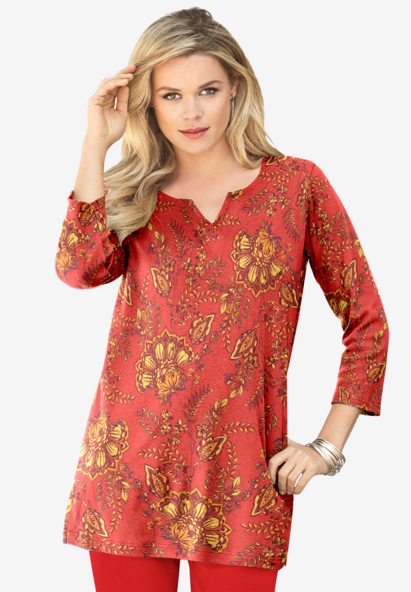 Plus Size Women's Plus Size Three-Quarter Sleeve Notch Neck Soft Knit Tunic by Roaman's in Red Batik Flowers (Size 26/28) Long Shirt