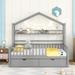 Wooden House Bed Full Size Platform Bed Frame with 2 Drawers, Kids' Bed with Storage Shelf, Roof and Fence, Storage Bed