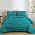 WONGS BEDDING Teal Boho Quilt Set Queen Size,3 Pieces Reversible Stripe Quilt with 2 Pillowcases,Turquoise Bohemian Bedspread Bedding Set Microfiber Quilted Coverlet Set for All Seasons(90"×96")