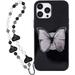 Glossy Black Butterfly Phone Case Compatible with iPhone 12 Korea Cute 3D Black Dream Butterfly Phone Cover with Butterfly Hold Stand Black White Heart Bead Chain for Women Girls