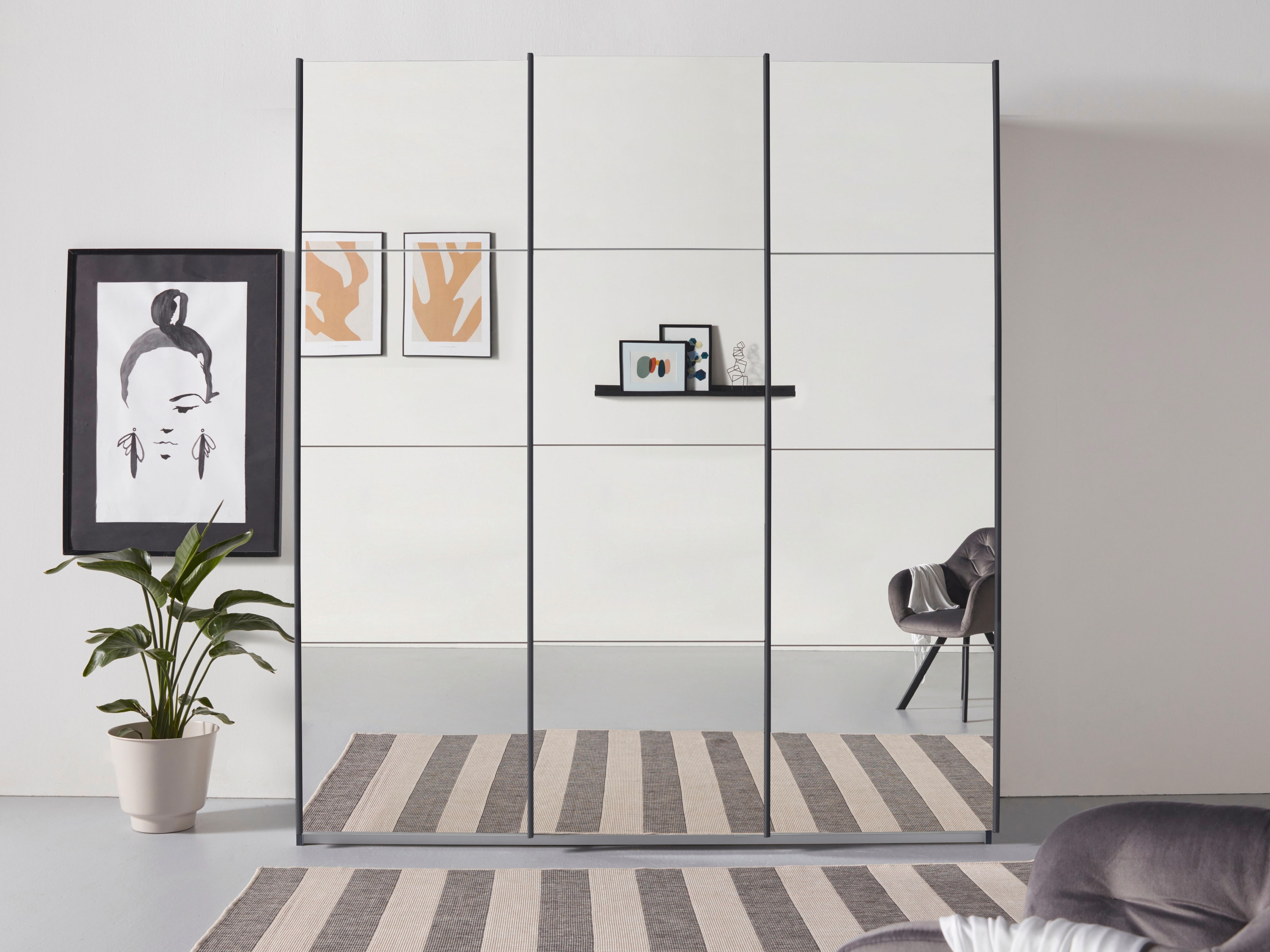 Schwebetürenschrank RAUCH "Kleiderschrank Schrank Garderobe Wäscheschrank Ankleide OTELI", grau (graumetallic), B:203cm H:229cm T:62cm, Holzwerkstoff, Schränke, Schwebetürenschrank, mit Spiegelfront, inkl. Wäscheeinteilung mit 3 Innenschubladen