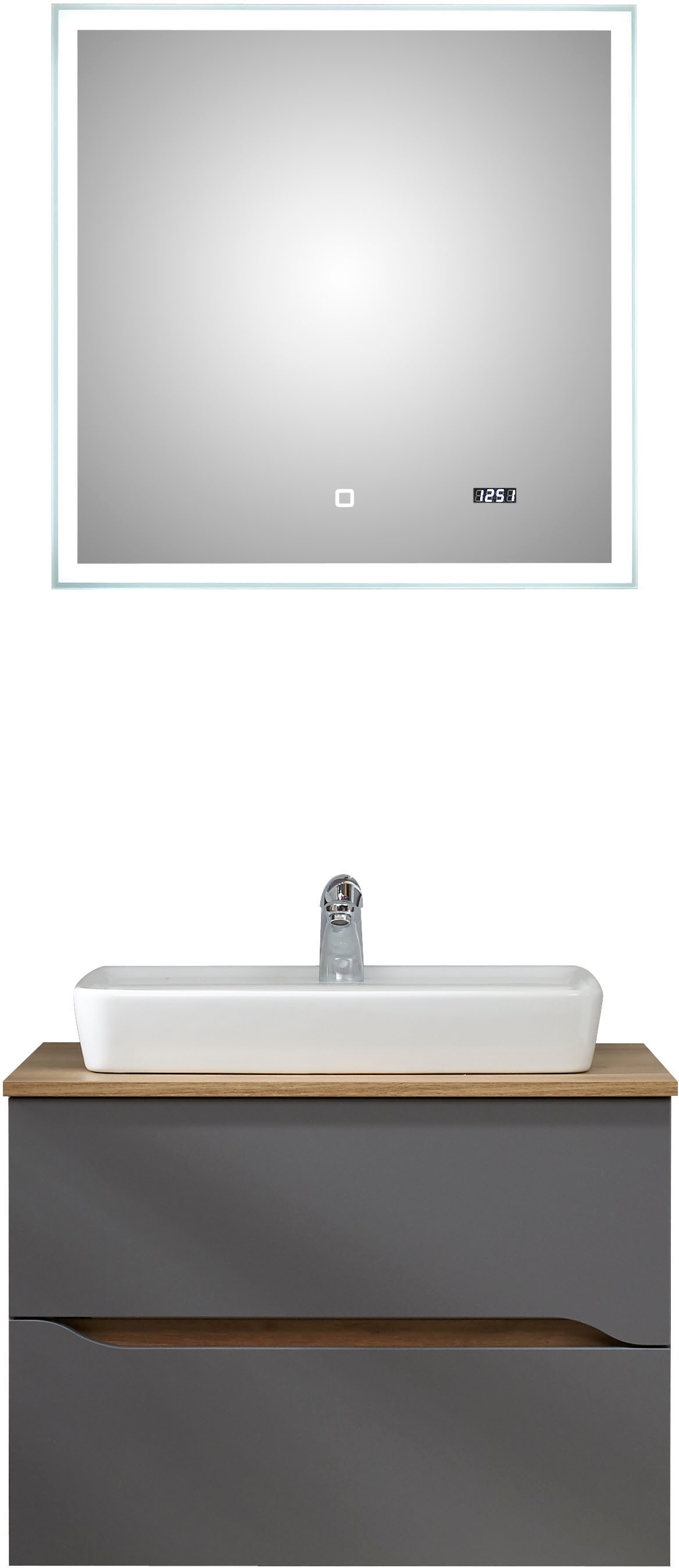 Badmöbel-Set SAPHIR "Quickset 2-teilig, Keramik-Aufsatzbecken mit LED-Spiegel", grau (quarzgrau matt touch, quarzgrau matt, akzent riviera eiche quer nb), Kastenmöbel-Sets, Waschplatz 73 cm breit, inkl. Türdämpfer, 2 Schubladen Image