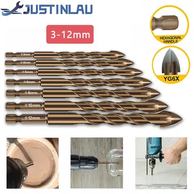 JUSTINLAU Cross Hex Tile Bits Glass Ceramic Concrete Hole Opener Alloy Triangle Drill Sizes 3/4/5/6/7/8/10/12 mm