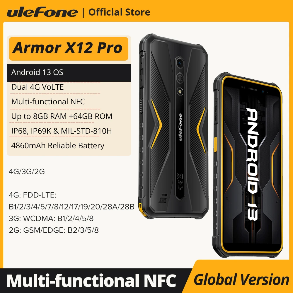Ulefone panzerung x12 pro, android 13, bis zu 8gb 64gb, 4860mah, 13mp 5.45 "4g nfc, globale version, dual 4g volte, 3 karten steckplatz Image