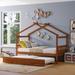 Walnut Whimsical House Bed, Twin Size Wooden House Bed with Trundle, Solid Pine Construction, Imaginative Design for Kids