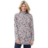 Plus Size Women's Mockneck Long-Sleeve Tunic by Woman Within in Heather Grey Red Pretty Floral (Size 1X)