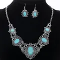 Ensemble de bijoux pour femmes collier boucles d'oreilles tibétain creux ovale Turquoise