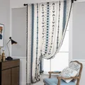 Bohemian style Blue Tulle Curtain Wear rod Window shade Stripe plaid decoration Modern Chiffon