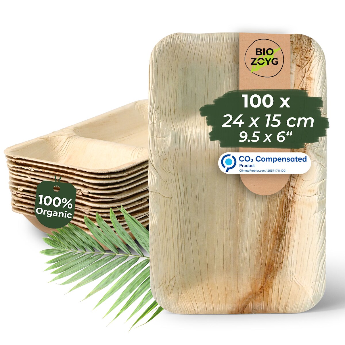 BIOZOYG 100 Stück Einwegteller Menüschale 24x15cm, Palmblatt Geschirr, Palmblatt Teller, rechteckige Menüteller mit 2 Kammern, biologisch abbaubar Image