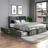 Queen Size Linen Upholstered Wingback Platform Bed with 4 Storage Drawers, Mid-century Modern Headboard with Tight Channel
