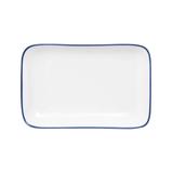 Mikasa Hospitality 5256510 9" Rectangular Bistro Coupe Plate - Porcelain, Blue Pinstripe, Blue Band, White