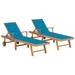 moobody Sun Loungers 2 pcs with Blue Cushion Solid Teak Wood