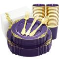 Nervure 175PCS Clear Purple Plastic Plates - Gold Plastic Plates for 25 Guests Include 25Dinner Plat