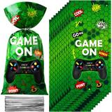 100pcs Video Game Party Bags Plastic Video Game Loot Bags Gaming Goody Candy Treat Bags with 100 Silver Twist Ties Game on Favor Bags Video Games Theme Party Decoration for Game Birthday Party(Green)