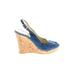 Bruno Magli Wedges: Pumps Platform Casual Blue Print Shoes - Women's Size 38.5 - Almond Toe