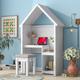 Cute Kids Table and Chair Set, House-Shaped Desk with Small Storage Cabinet and A Cushion Stool, Kids Study Desk Sets