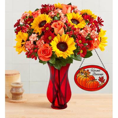 1-800-Flowers Seasonal Gift Delivery Fall Splendor Double Bouquet W/ Red Vase & Suncatcher