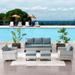 Latitude Run® Dayonte 5 - Person Outdoor Seating Group w/ Cushions Synthetic Wicker/Wood/All - Weather Wicker/Wicker/Rattan in Gray/Blue | Wayfair