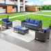 Latitude Run® Daysean 5 - Person Outdoor Seating Group w/ Cushions Synthetic Wicker/Wood/All - Weather Wicker/Wicker/Rattan in Gray/Blue | Wayfair