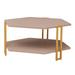 36 Inch Hexagonal Modern Coffee Table, Wood Top and Shelf, Gold Metal Legs