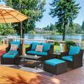 HEYNEMO Outdoor Patio Furniture Sets 8 Pieces Outdoor Sectional Rattan Sofa Set Black PE Wicker Patio Conversation Sets with Lake Blue Washable Cushion and Tempered Glass Table