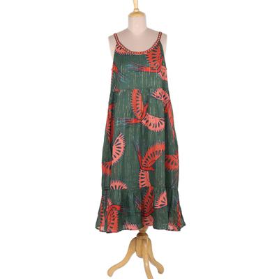 Parrot Playground,'Cotton Blend Sundress with Parrot Print and Mirror Sequins'
