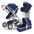 3 in 1 Baby Stroller Carriage Folding Infant Stroller for Toddler,Reversible Bassinet Pram,Newborn Pram Baby Buggy Shock Absorbing Frame and Wheels (Color : Blue)
