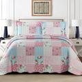 3 PCS Patchwork Bedspread Quilted Bed Throw Single Double King Size Bedding Set (Floral Pink, King Size Bedspread set)