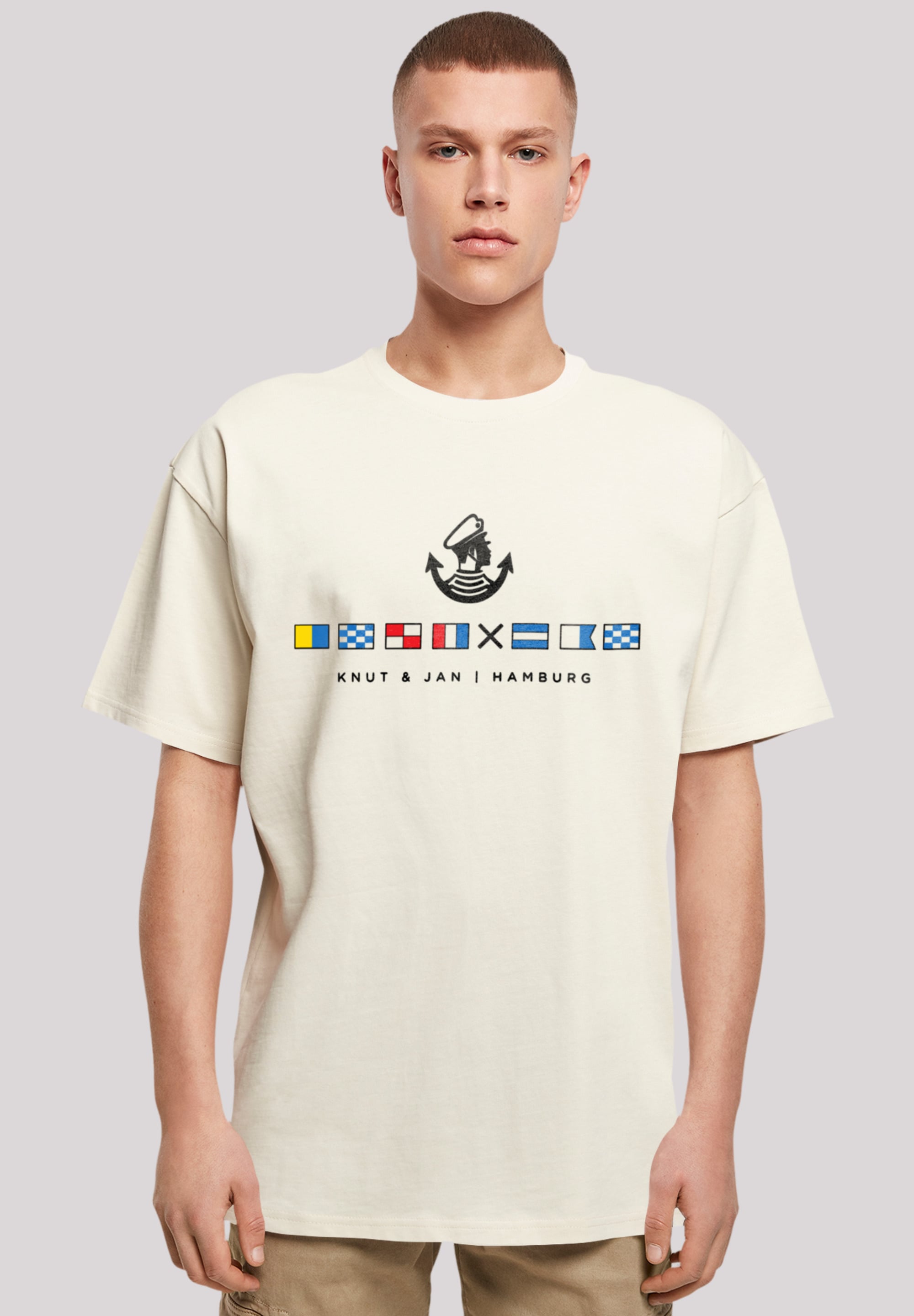 T-Shirt F4NT4STIC "Oversized T-Shirt Seglerfahnen Knut & Jan Hamburg", Herren, Gr. S, beige (sand), Obermaterial: 100% Baumwolle, oversize, Rundhals, ohne Bündchen, Shirts, Print Image