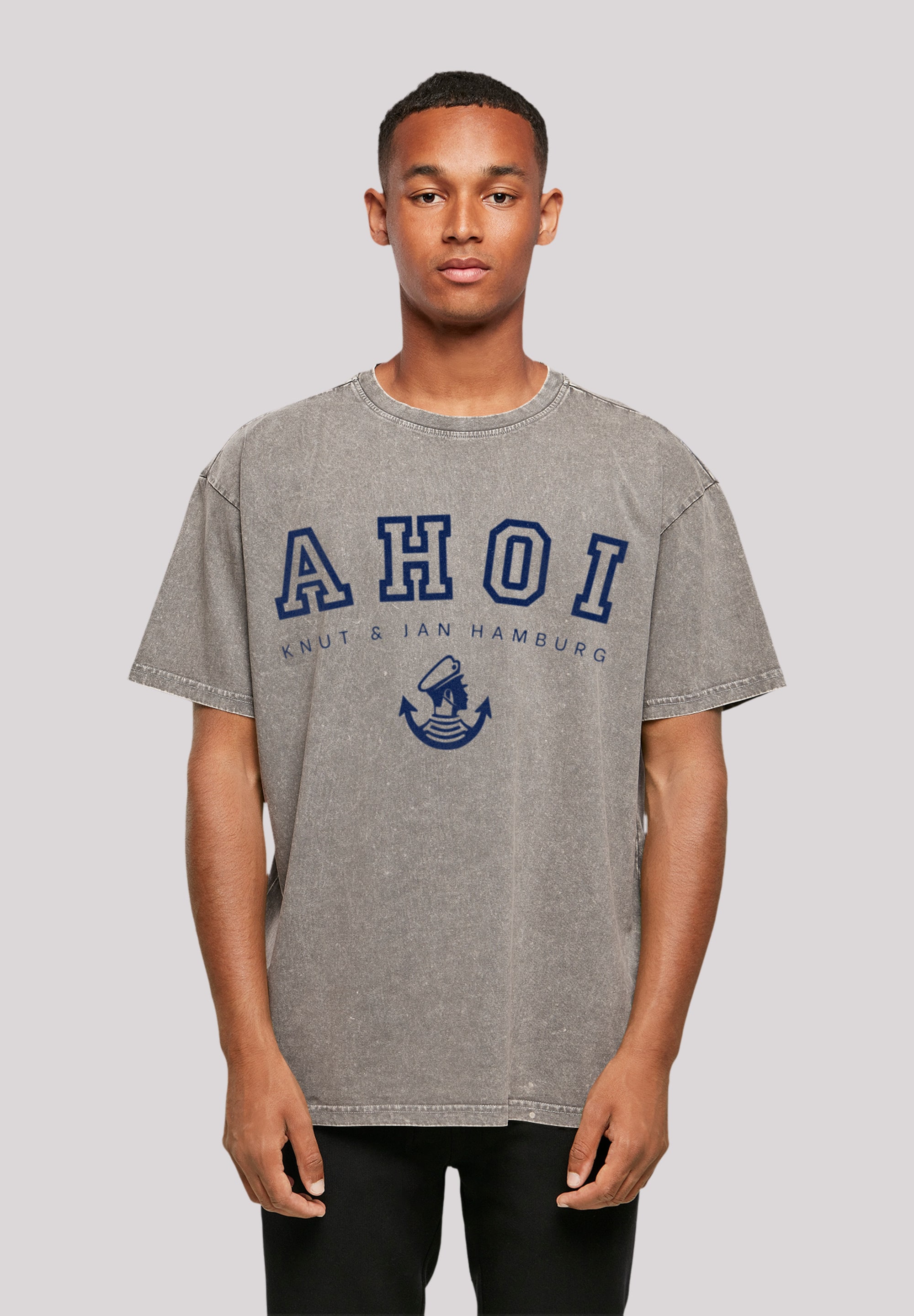 T-Shirt F4NT4STIC "Ahoi Knut & Jan Hamburg", Herren, Gr. XXL, grau (asphalt), Obermaterial: 100% Baumwolle, oversize, Rundhals, ohne Bündchen, Shirts, Print Image