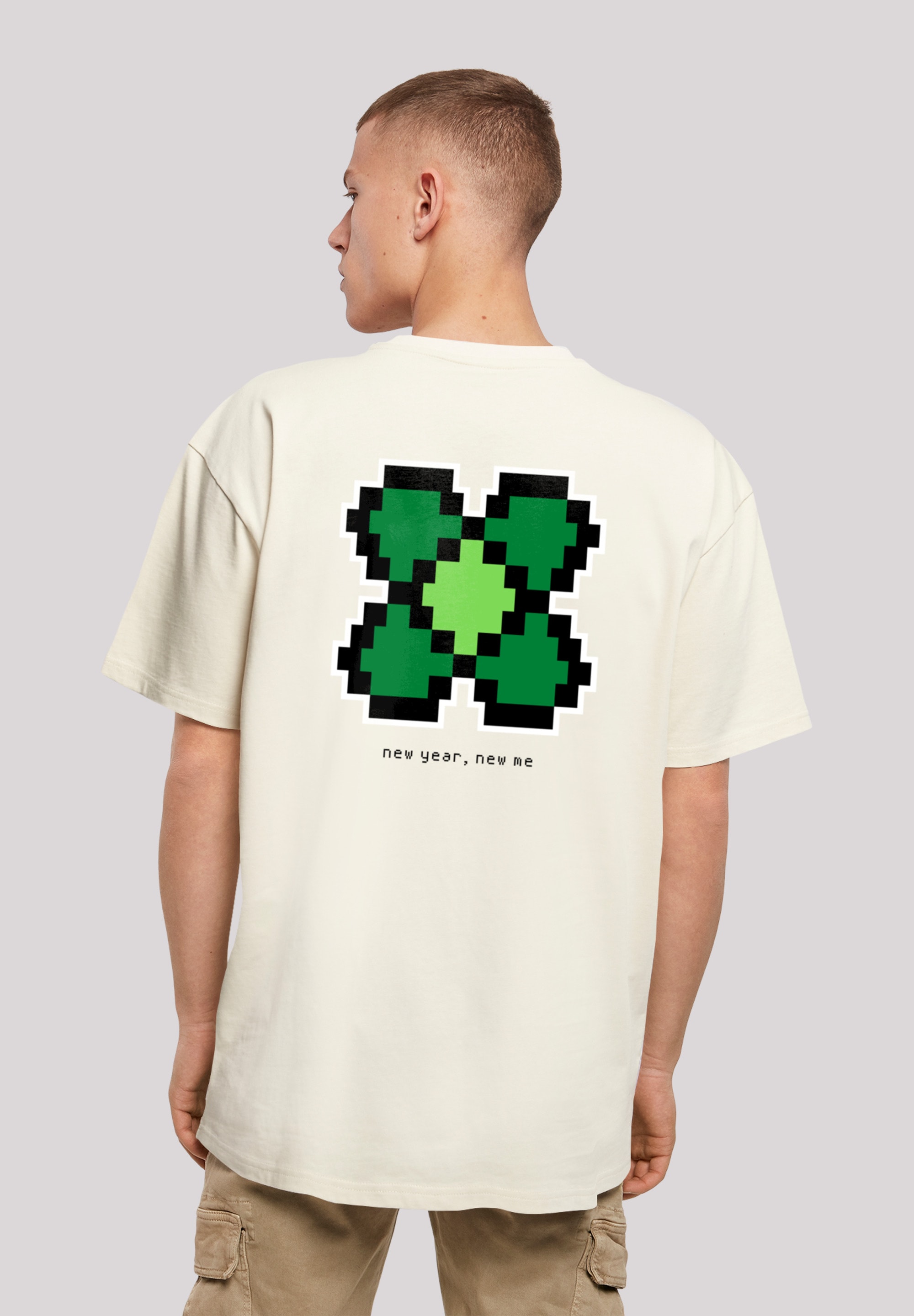 T-Shirt F4NT4STIC "Silvester Happy New Year Pixel Kleeblatt", Herren, Gr. XXL, beige (sand), Obermaterial: 100% Baumwolle, oversize, Rundhals, ohne Bündchen, Shirts, Print Image