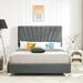 Queen Bed with Beautiful Line Stripe Cushion Headboard, Strong Wooden Slats, and Metal Support Feet