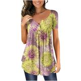 Hvyesh Womens Summer Tops Plus Size Ladies Fashion V- Neck Floral Printed Tunic Tops Buttons Short Sleeve T-shirt