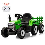 12V Kids Electric Tractor w/Remote Control Treaded Tires Battery Powered Ride On Tractor with Trailer & 2+1-Gear-Shift 25W - Green