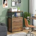 Walnut/ Black 2 Drawer Lateral File Cabinet with Open Storage Shelves Industrial Filing Cabinet Printer Stand Walnut